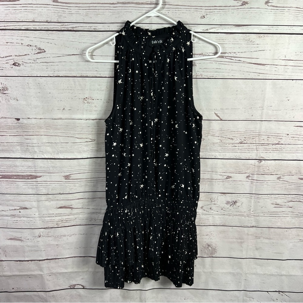 FAB'RIK black sleeveless black with white stars mini pleated dress Sz S